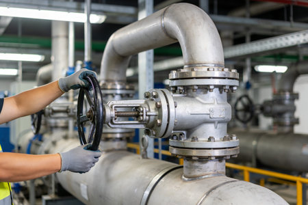 A gloved hand operates a large wheel valve within a factory setting, controlling the flow through industrial pipingの写真素材