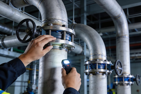 A close-up view of a person's hands examining a section of industrial piping with a handheld...
