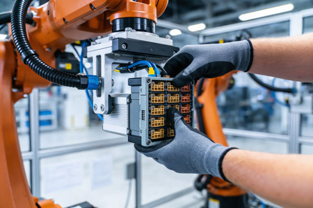 A worker wearing protective gloves carefully inserts a complex electrical connector module into a...