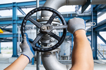 A close-up view of a gloved hand holding a wrench, tightening a large industrial valve wheel amidst complex piping and machineryの写真素材