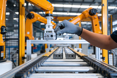 Two gloved hands carefully place small metal parts onto a conveyor belt in a high-tech manufacturing facility with robotic arms in the backgroundの写真素材