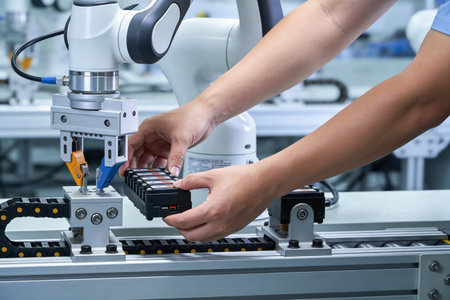 A human hand guides a component into position for a robotic arm on a modern manufacturing production...