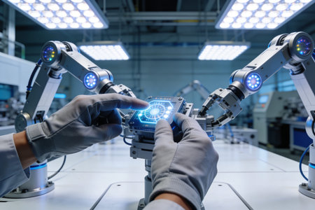 A gloved hand interacts with a glowing digital display controlling sophisticated automated machinery...