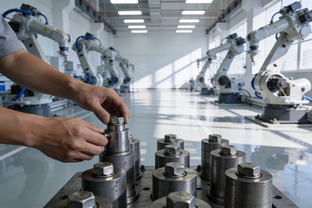 A close-up of a worker's hands adjusting a component on a jig, with multiple industrial robots lined up in the background of a bright manufacturing facilityの写真素材