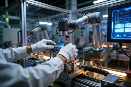 A skilled worker in a white lab coat and gloves carefully manipulates a component while a...