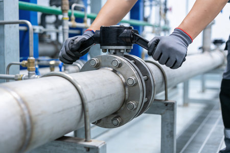 A gloved hand operates a valve on a large diameter industrial pipeline, suggesting control and...