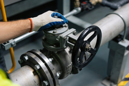 A close-up shot of a person wearing protective gloves, using a wrench to turn the wheel of a large industrial valve systemの写真素材