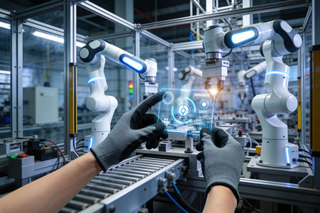 A technician uses a transparent screen to monitor and control automated robotic arms on a production...