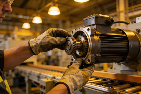 A close-up shot of a gloved hand carefully placing a gear onto the shaft of an electric motor,...