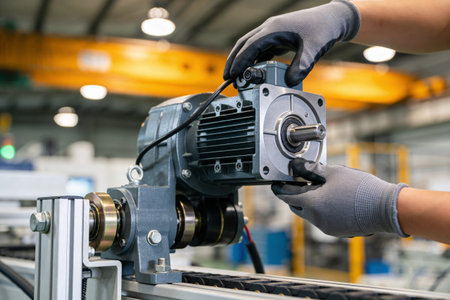 Close-up of glove hands carefully mounting a heavy-duty electric motor onto a mechanical assembly...