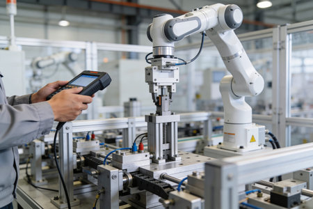 A technician operates a robotic arm on an assembly line using a portable control unit, showcasing advanced automation in productionの写真素材