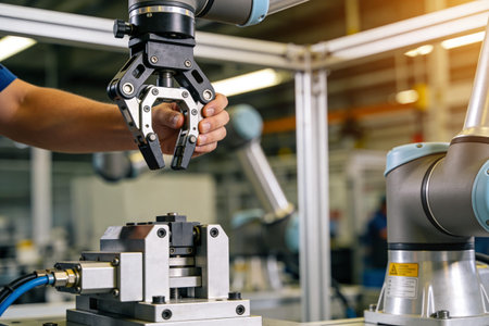 A close-up shows a robotic gripper holding a component while a human hand uses a tool to secure it...