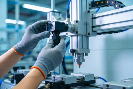 A close-up view of a worker's hands in protective gloves carefully attaching a machine vision camera...