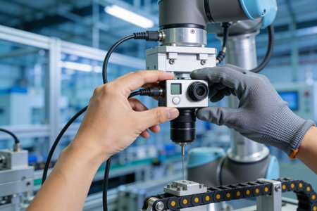 A close-up view of hands in protective gloves carefully mounting a compact camera onto a...