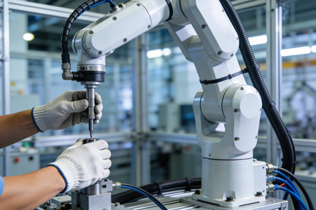 A close-up view shows a gloved hand holding a tool near a robotic arm, highlighting human-machine...