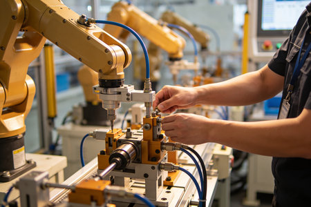 A close-up view shows a technician's hands carefully adjusting a component on a robotic arm assembly...