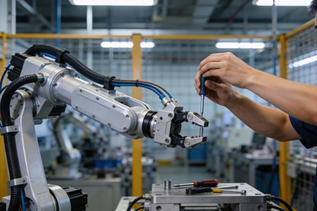 A skilled worker meticulously adjusts a sophisticated industrial robot arm using a screwdriver,...