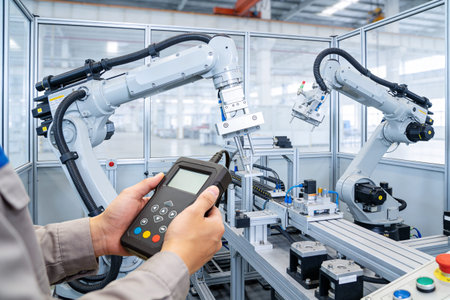 A worker operates robotic arms on an automated manufacturing production line with a handheld control...