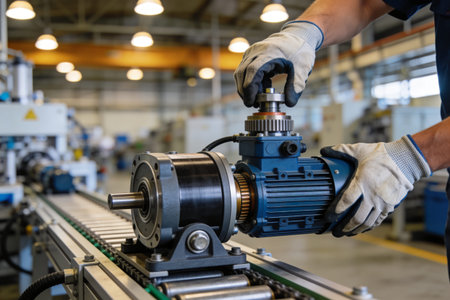 A gloved hand carefully attaches a blue electric motor to a metal component on a factory assembly...