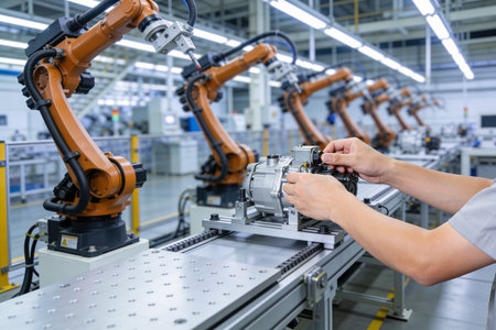 Robotic arms work on an assembly line while a technician inspects a component, showcasing modern...