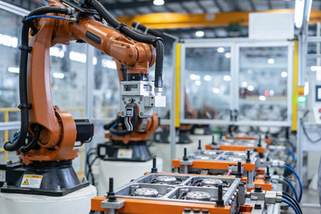 A technician uses a handheld light to examine a robotic arm on an assembly line, highlighting...