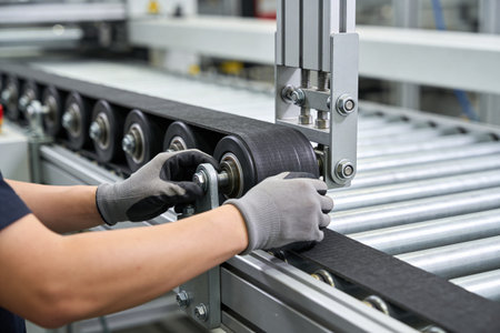 Close-up of a person's hands wearing protective gloves, meticulously adjusting a component on an...