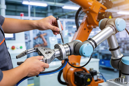 A skilled worker meticulously adjusts a sophisticated robotic arm with a specialized tool,...
