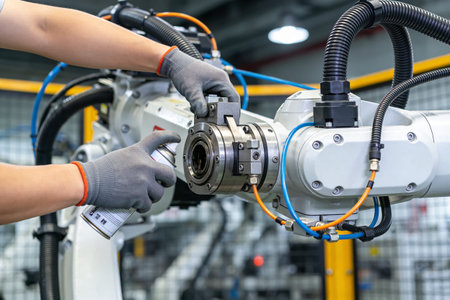 A worker in protective gloves sprays oil onto a complex joint of an automated robotic arm in a...