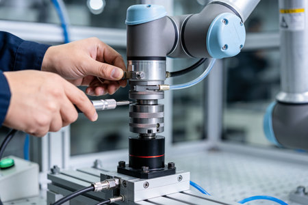 A close-up view of a worker's hands meticulously adjusting a component on an industrial robot arm, highlighting precision engineering and automation in manufacturing processesの写真素材