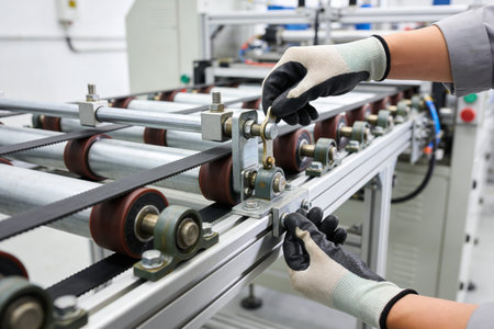 Close-up of a worker's gloved hands meticulously adjusting a component on a complex industrial...