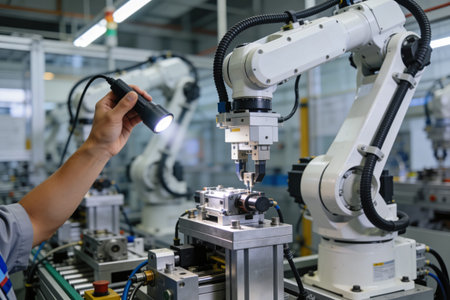 A worker uses a flashlight to examine a robotic arm and its components on an automated production line in a high-tech manufacturing facilityの写真素材