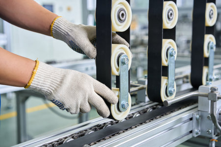 Close-up of a technician's gloved hands carefully adjusting the tension on a black conveyor belt...
