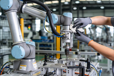A worker in gloves cleans a robotic arm's end effector while it is engaged in a drilling task on an assembly lineの写真素材