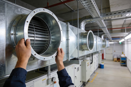 A worker's hands are shown adjusting a large circular fan within a metallic ductwork system, highlighting HVAC maintenance in a modern facilityの写真素材
