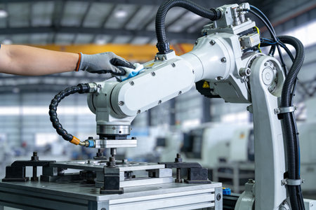 A worker meticulously cleans a robotic arm with a cloth, ensuring precision and hygiene in a...
