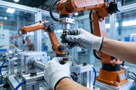A worker wearing protective gloves carefully adjusts a component on an industrial robot arm,...