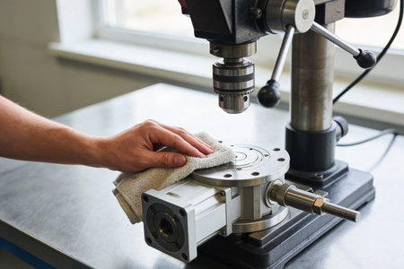 Close-up of a worker wiping a machined rotary assembly to remove metal shavings and coolant during...