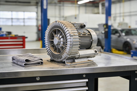 A dusty industrial blower motor rests on a stainless steel workbench next to a folded gray...