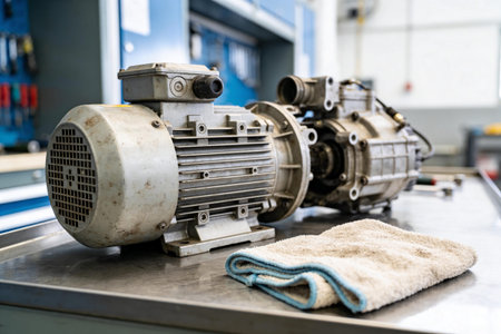 A close-up view of a heavy-duty electric motor and gearbox unit resting on a metallic surface, with a microfiber cloth nearby, suggesting maintenance or repair workの写真素材
