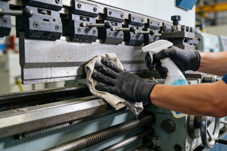 Close-up of hands wearing black gloves, using a spray bottle and cloth to clean a metal industrial...