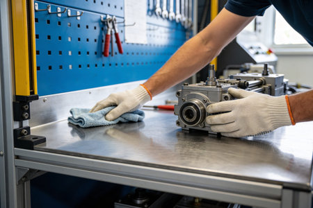 A person in a workshop is meticulously cleaning a complex metal mechanical component with a blue...