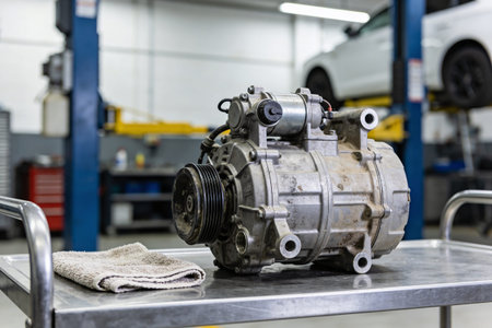 A used car AC compressor sits on a metal trolley with a rag nearby, ready for repair or replacement in a garageの写真素材