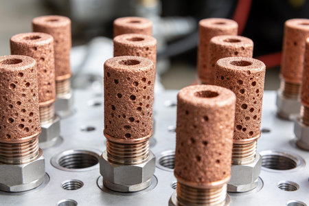 Industrial components featuring textured copper cylinders with visible pores, attached to hexagonal metal fittings and mounted on a perforated surface