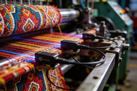 Advanced technology integrated into a weaving machine, ensuring precision in fabric creation with colorful threads