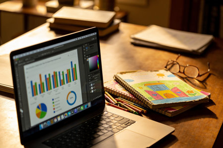 Laptop with charts and graphs on the table. Business concept.