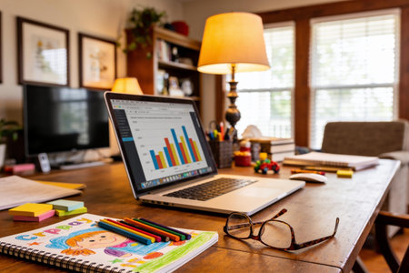 Workplace with laptop and stationery on wooden table in modern office