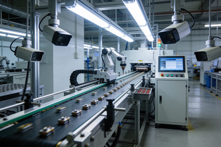 Advanced manufacturing process featuring a robotic arm precisely assembling components on a conveyor belt, monitored by security cameras