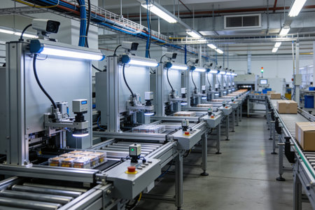 Modern factory interior showcasing an automated assembly line with robotic arms and inspection systems for product manufacturing