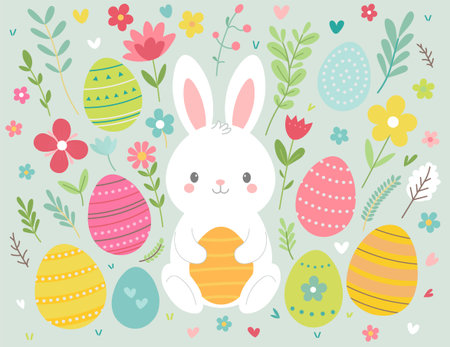 Charming Easter set with a cute, white rabbit holding a yellow egg. Surrounded by a variety of colorfully decorated eggs and spring flowersのイラスト素材