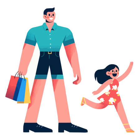 Man holds packages in his hands, his daughter is running next to him, flat style, white backgroundのイラスト素材